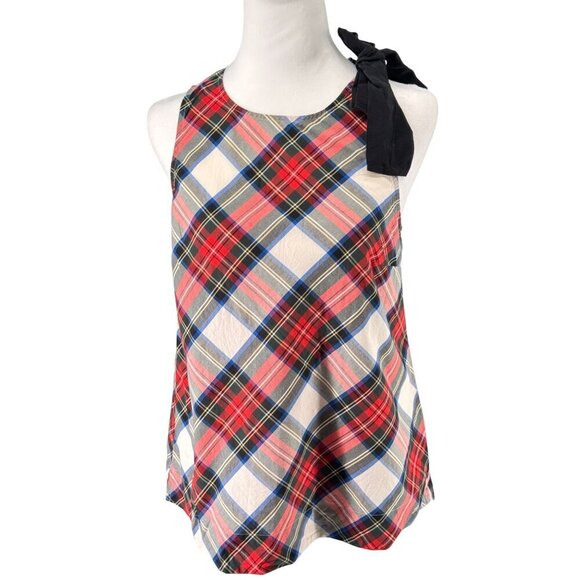 J. Crew Red plaid Bow Tie Shoulder Sleeveless Top Tartan Holiday EUC Sz 4 - Picture 1 of 9